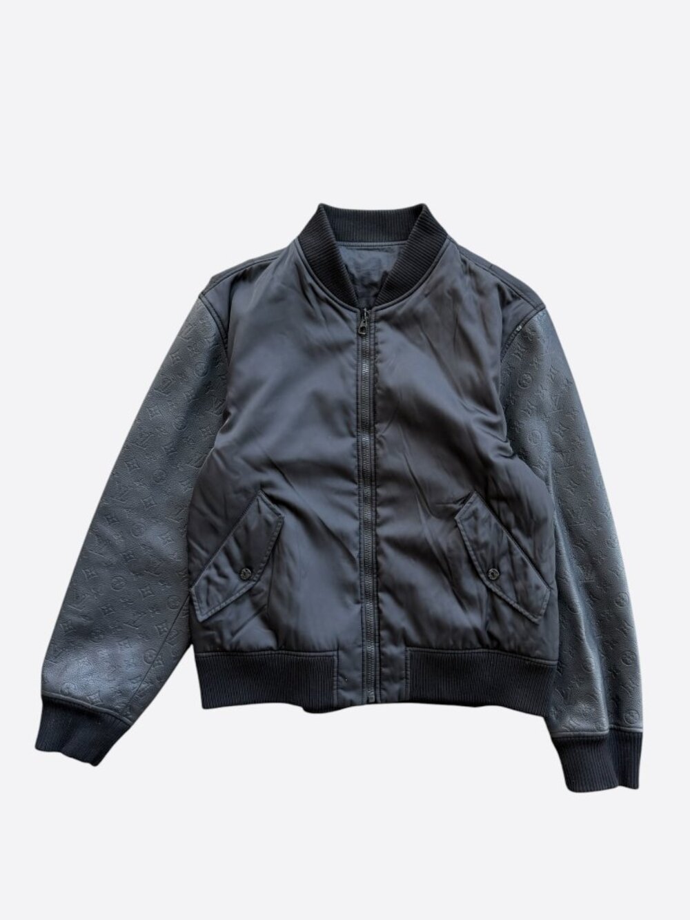 Louis Vuitton Black Leather Embossed Monogram Bomber Jacket